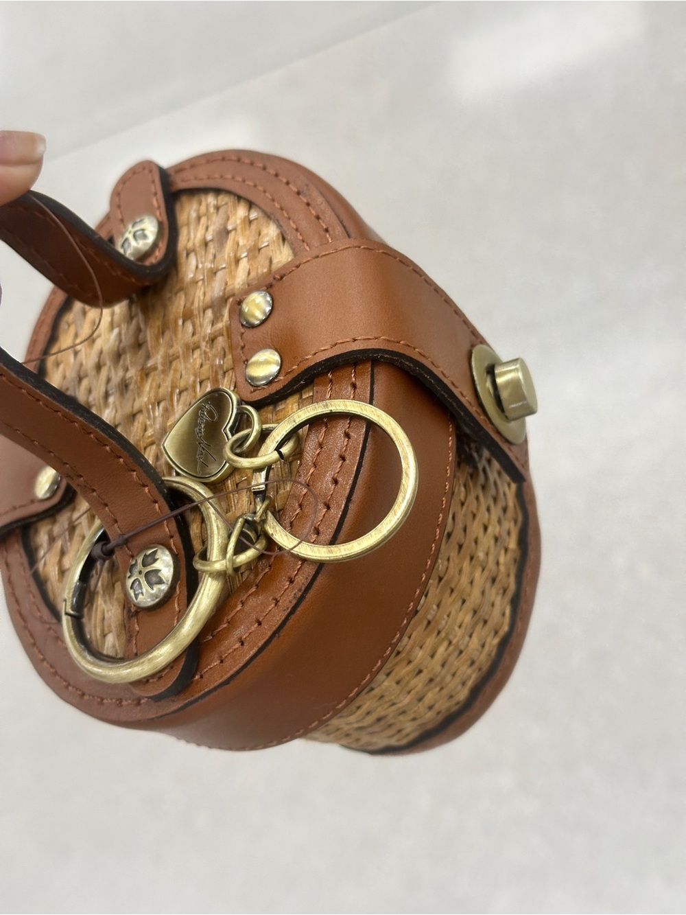 Woven Straw & Brown Leather Mini Handbag with Brass Accents